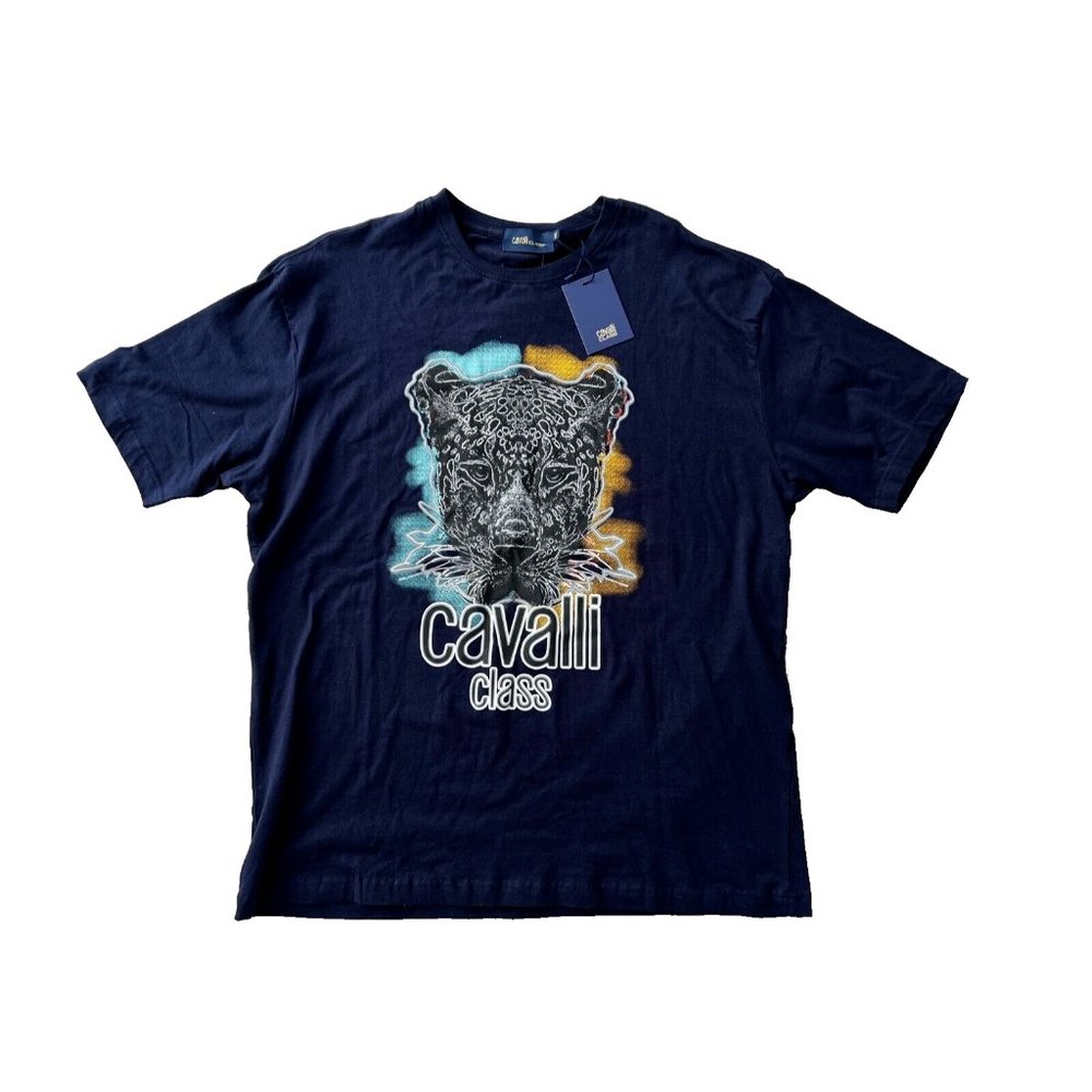 Cavalli Class Panther Print Tee Navy Blue ( XXL )